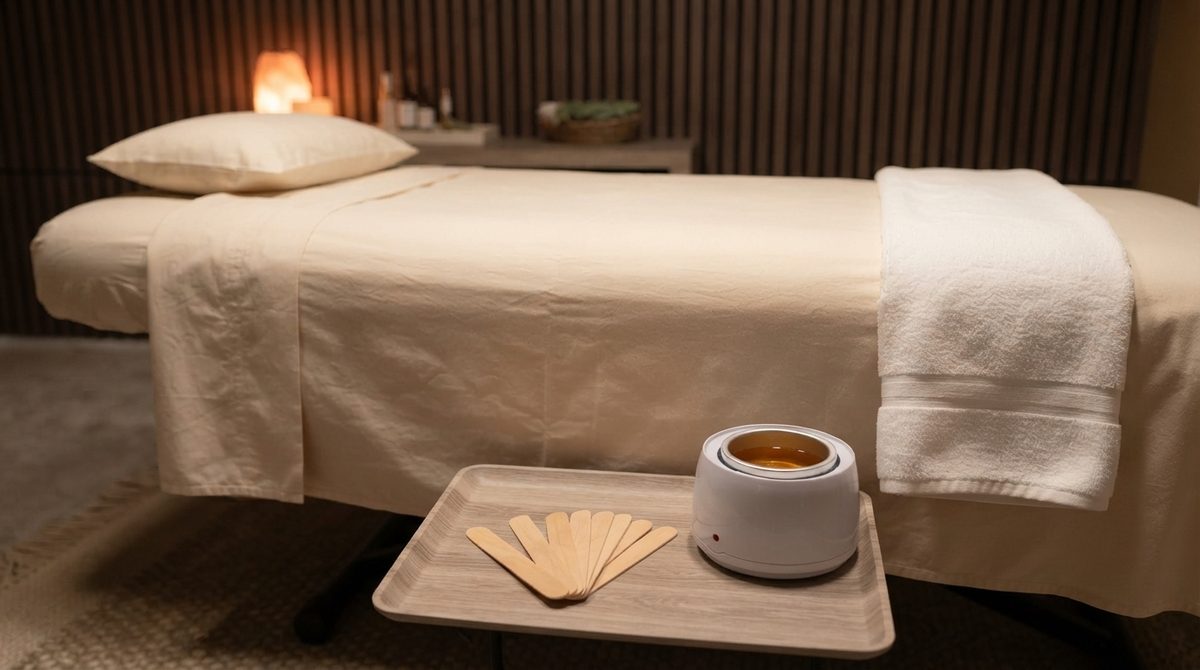 A freshly prepared treatment bed with clean linens, a folded towel, and a wax warmer with spatulas