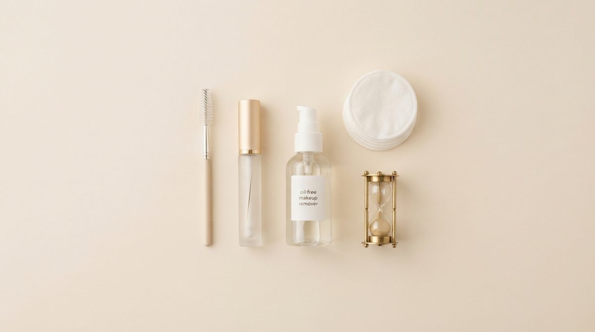 Lash lift aftercare essentials: a spoolie brush, lash serum, oil-free makeup remover, cotton rounds, and an hourglass