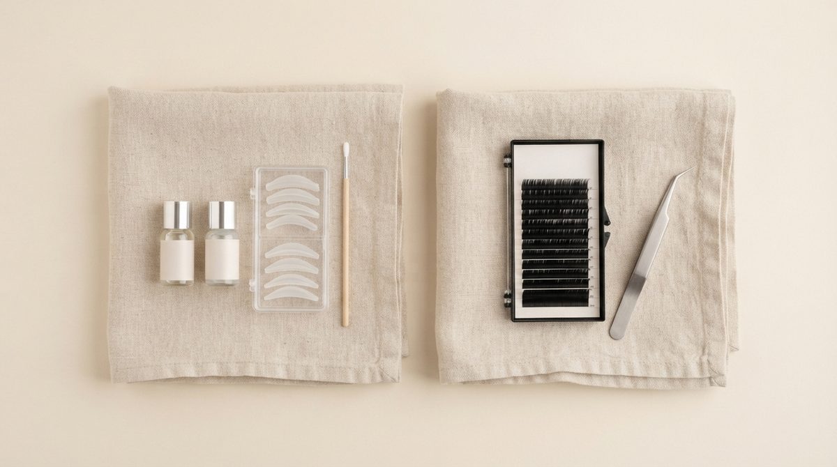 A lash lift kit with silicone shields and lotions beside a tray of lash extensions and tweezers