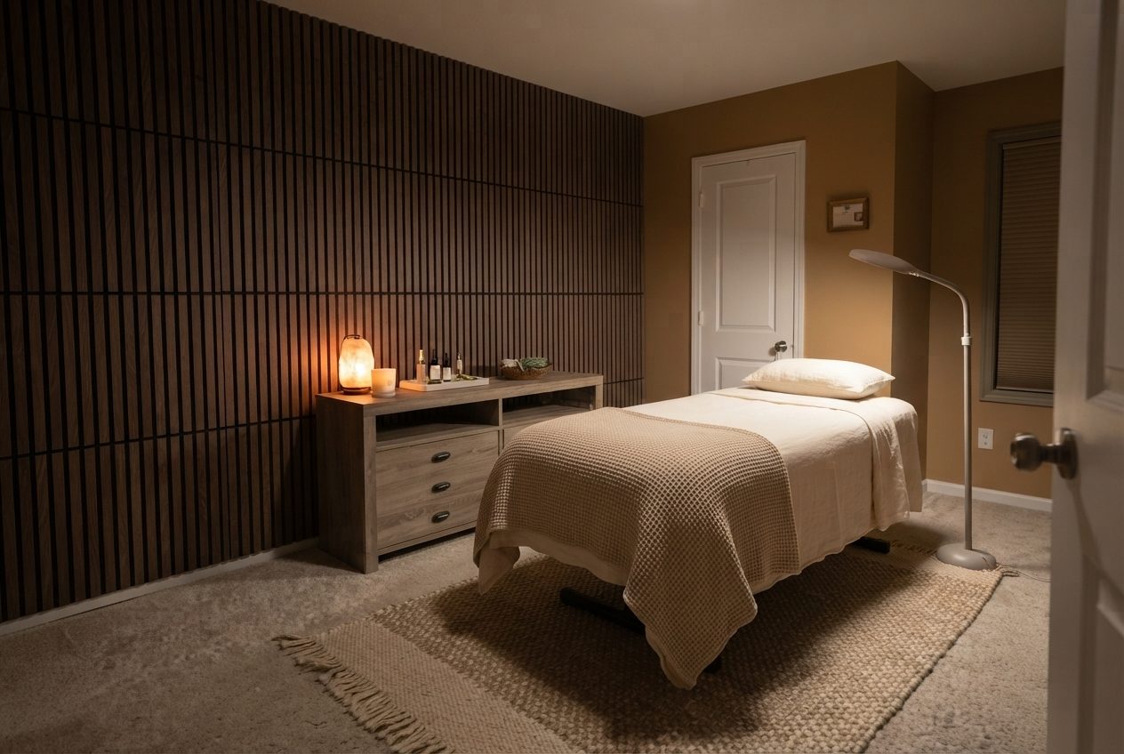 A clean, calm private treatment room with a linen-dressed bed