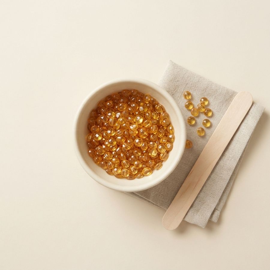 Golden hard wax beads in a ceramic bowl beside a wooden wax spatula